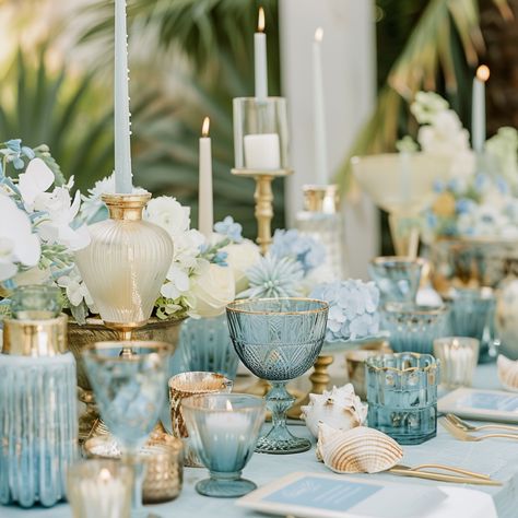 Coastal Seaside Summer Centerpieces - Blue, White and Gold - with Candles and Hydrangeas Seaside Table Decor, Coastal Centerpiece Ideas, Coastal Tablescapes, Coastal Blue Wedding, Coastal Wedding Reception, Coastal Wedding Centerpieces, Coastal Centerpiece, Nautical Table Decor, Centerpieces Blue