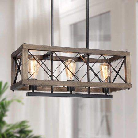 This modern farmhouse style pendant lighting is made of a combination of hollow wooden frame and iron, a natural wood grain shade like a rectangular cage, matte black design perfectly reflects the modern farmhouse style. The simple design is an excellent choice for your kitchen island, dining area, living room, or bedroom. Features: Farmhouse pendant lighting features natural pine wood and matte black finish iron, handmade for a rectangular shape, perfect for island, dining room, foyer, bedroom, Kitchen Lighting Ideas Over Table, Linear Kitchen, Kitchen Island Pendant Light, Island Bedroom, Led Kitchen, Kitchen Island Light, Light For Dining Room, Kitchen Island Pendant, Linear Pendant Light