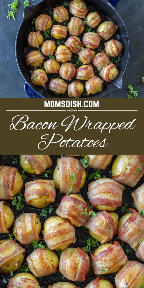 Combine two of the world’s greatest foods with these bacon-wrapped potatoes. They’re crispy, jaw-droppingly tasty, and you probably already have all the ingredients! Bacon Potatoes Recipes, Bacon Wrapped Baby Potatoes, Bacon And Potatoes, Bacon Wrapped Meatballs, Bacon Wrapped Potatoes, Potato Bacon, Bacon Potato, How To Make Bacon, Meat Pasta