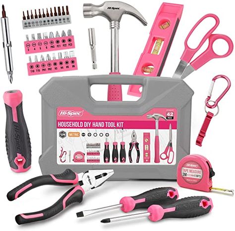 Hi-Spec Pink Household Tool Set, 42 Piece Small Essential Ladies Tool Kit For Home, Garage, Office and College Dorm - - Amazon.com Pink Tool Set, Small Tool Box, Basic Tool Kit, Plastic Tool Box, Pink Tools, Hand Tool Set, Screwdriver Tool, Hand Tool Kit, Tool Box Storage