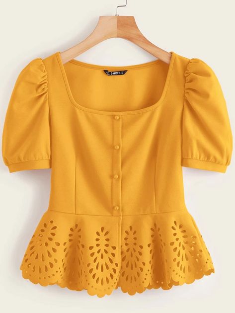 Pu Leather Skirt, Peplum Tops, Women Blouses Fashion, Peplum Blouse, Shein Tops, Plus Size Blouses, Clothes Collection, Plus Size Tops, Mustard Yellow