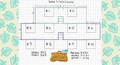 3 Tier Neighborhood Acnh, Acnh Villager House Path, Building Dimensions Acnh, Acnh Village Layout Ideas, Acnh Building Size Guide, Acnh House Spacing, Neighborhood Acnh Layout, Acnh Home Placement, Acnh Village Neighborhood