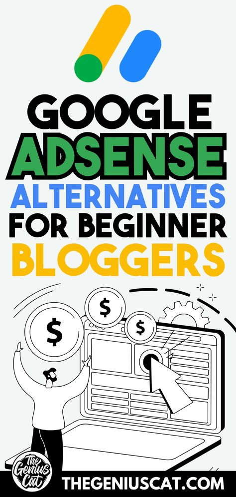 Pinterest graphic with title "Google AdSense Alternatives for Beginners: Say Goodbye to Low Revenue" and description "Check out our latest post for some amazing AdSense alternatives that can help you boost your revenue!" Adsense Earnings, Effective Ads, Google Adsense, The Genius, Online Income, Blogging For Beginners, Say Goodbye, Blogging Tips, Cool Gifs