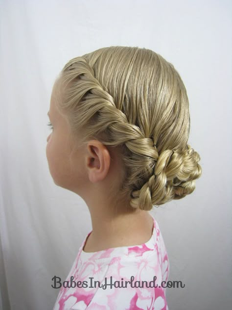 This Mom has tons of great tutorials for long hair updos, they look stunning but are actually pretty simple. I can't wait to get my hands on some long hair to try some of these! BabesInHairland.com Dance Recital Hair, Recital Hair, Communion Hair, Girls Updo, Communion Hairstyles, Messy Bun With Braid, French Twist Updo, Competition Hair, Girls Hair Styles