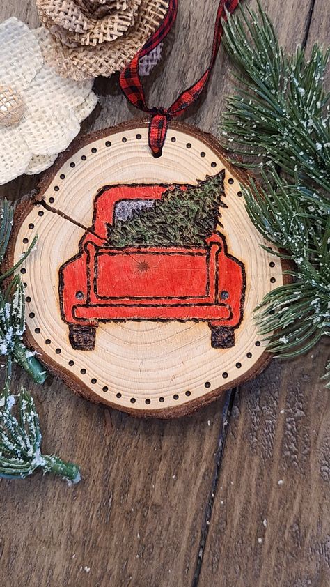 Wood burned ornament, painted pickup with Christmas tree Woodburning Ornament Ideas, Christmas Wood Burning Ornaments, Wood Burning Ornament, Wood Burning Ideas Christmas, Wood Burned Christmas Ornaments, Wood Burned Ornaments, Wood Burning Christmas Ornaments, Christmas Wood Burning Ideas, Christmas Favorites