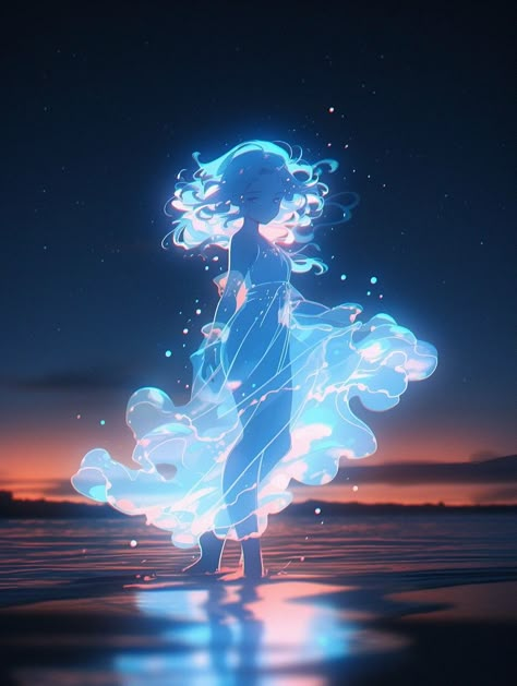 Glowing Water Art, Glowing Person Art, Glowing Hair Drawing, Person In Water Drawing, Glowing Person, Goddess Of Dreams, Arte Aries, Fantasy Images, Dreamy Art