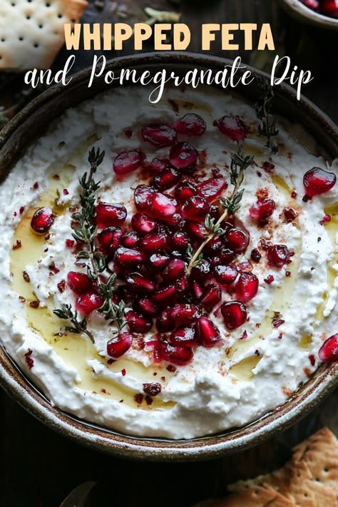 Try whipped feta and pomegranate dip, a creamy, tangy appetizer topped with vibrant pomegranate seeds—perfect for holiday parties. #WhippedFeta #HolidayDip Brie With Pomegranate, Appetizer With Pomegranate, Whipped Feta And Honey Dip, Feta And Cranberry Dip, Feta Date Dip, Feta Goat Cheese Dip, Whipped Feta Pomegranate, Whipped Feta With Pomegranate, Baked Brie Pomegranate