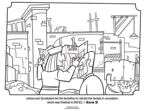 Kids coloring page from What's in the Bible? featuring Jeshua and Zerubbabel rebuilding the temple in Jerusalem from Ezra 3. Volume 7: Exile and Return! Zerubbabel Rebuilds The Temple, Rebuilding The Temple Craft Ezra, Zerubbabel Rebuilds The Temple Craft, Bible Class Activities, Rebuilding The Temple, Sunday School Coloring Pages, Bible Story Crafts, School Coloring Pages, Bible Coloring Pages