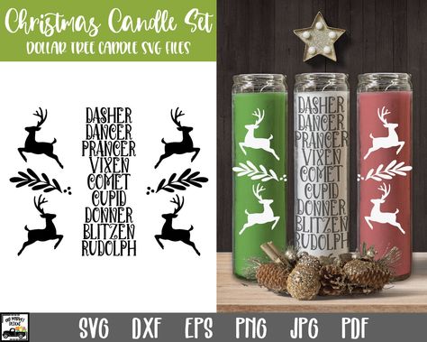 Reindeer Names Christmas Candle Set SVG - Dollar Tree Candle File - Christmas Candle Design - Christmas Candle - Christmas Pillar Glass Candles Thank you for visiting OldMarket Square! This countdown candle file is designed for the Dollar Tree pillar candles. The design wraps around the candle and is sized to approximately 6" x 2.5". This file can also be found in the Christmas Candle Trios Bundle: https://www.etsy.com/listing/1339132384/christmas-candle-trios-svg-bundle-dollar ➳ ➳ ➳ IMPORTANT ➳ Dollar Tree Candles, Candle Crafts, Old Market, Reindeer Names, Glass Candles, Candle Design, Tree Candle, Market Square, Candle Craft