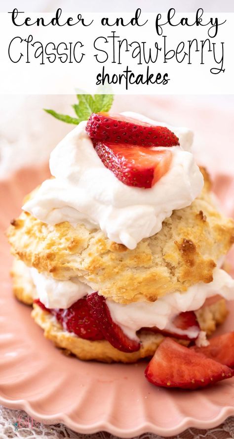 This easy homemade strawberry shortcake is a classic strawberry shortcake recipe made with shortcake biscuits, homemade whipped cream, and a fresh strawberry sauce. Strawberry Shortcake Small Batch, Frozen Strawberry Shortcake Dessert, Homemade Shortcake Recipe, Sweet Biscuits For Strawberry Shortcake, Peach Shortcake Recipe, Shortcakes For Strawberries, Shortcake Biscuits Recipe, Strawberry Shortcake With Cream Cheese, Strawberry Shortcake For A Crowd