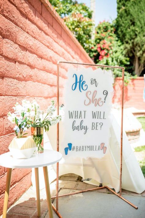 Acrylic "He or She" Party Entrance Sign from a "He or She? What Will the Baby Be?" Gender Reveal on Kara's Party Ideas | KarasPartyIdeas.com (4) Party Entrance Sign, Chai Cart, Boy Or Girl Sign, Blue Balloon Garland, Gender Reveal Baby Shower Themes, Gender Reveal Signs, Baby Gender Reveal Party Decorations, Onesie Cookies, Balloon Release