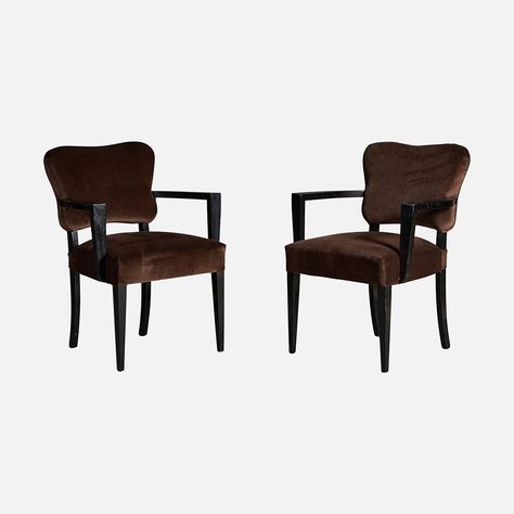 Pair of James Mont Armchairs by PRB James Mont, Accent Seating, Walter Gropius, Console Desk, Wood Arm Chair, Side And End Tables, Furniture Chairs, Black Lacquer, Brown Velvet