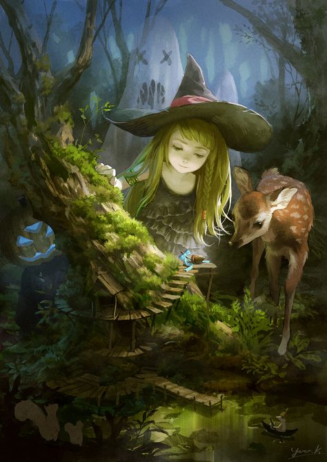 Deer In The Woods, Creature Fantasy, Fantasy Magic, Witch Art, Art Et Illustration, Arte Fantasy, A Witch, Art And Illustration, Fairy Art