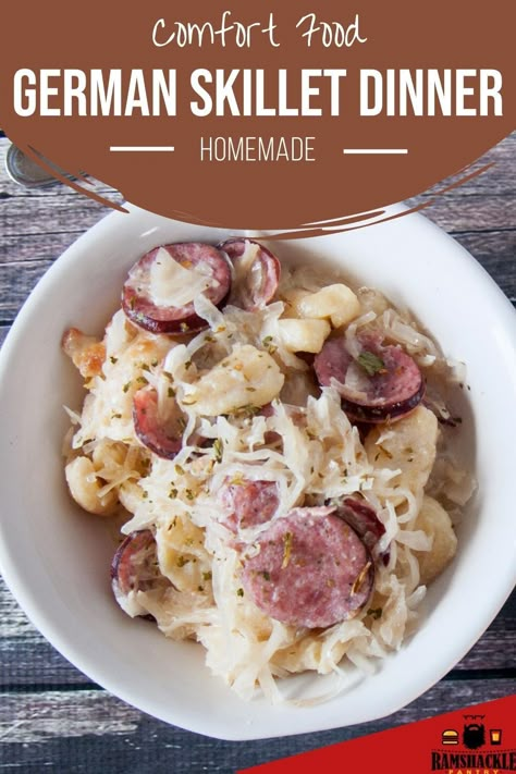 So much German recipe comfort in this Sauerkraut and Sausage Dumpling Skillet Dish! Classic and authentic comfort dish that brings Traditional German recipes to your dinner table. Sausage And Sauerkraut Recipes Skillet, German Sausage And Sauerkraut, Sauerkraut Dinner Recipes, Recipes With German Sausage, German Sausage Recipes Dinners, Sausage And Sauerkraut Recipes, Sauerkraut And Sausage, German Sauerkraut Recipes, Saurkraut And Sausage