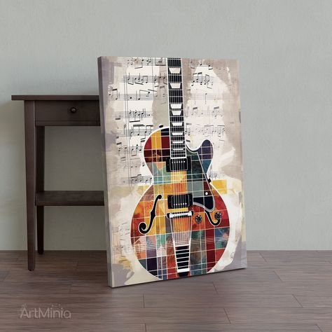 Modern retro collage guitar painting canvas print wall art, Music wall art home decor, Ready to hang gallery style canvas, Music instrument https://etsy.me/41iEOsE #contemporary #canvasprint #stretchedcanvas #readytohangcanvas #highqualitycanvas #walldecor #uniquegift Guitar Painting Canvas, Retro Collage, Guitar Wall Art, Wall Art Music, Simple Collage, Guitar Painting, Guitar Wall, Music Painting, Music Instrument