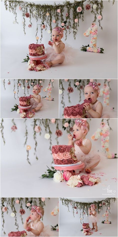 Floral Smash Cake Pictures, Rose Cake Smash, 1st Birthday Floral Theme, Smash Cake Girl 1st Birthday Ideas, First Birthday Indoor Photoshoot, Cake Smash Baby Girl, Floral First Birthday Photoshoot, 1st Birthday Girl Cake Smash, One Year Smash Cake Girl