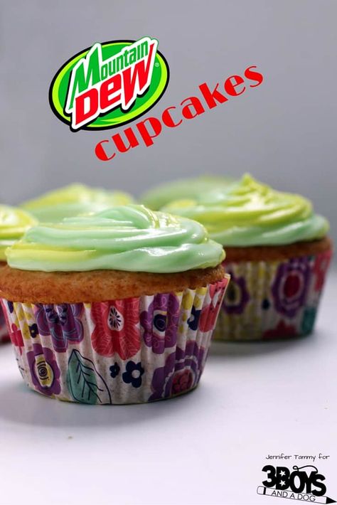 Mt Dew Boxed Cake Mix Cupcake Recipe Dessert Recipes Cupcakes, Mountain Dew Cupcakes, Easy Cake Mix Recipes, Soda Cupcakes, Cake Mix Cupcakes, Mt Dew, Cream Cheese Coffee Cake, Teen Birthday Party, Mini Dessert Recipes