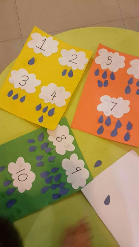 Numbers and counting - Practicing to count to ten, and count out the correct amount of raindrops. This can be incorporated with a lesson about weather and seasons. Counting Raindrops Preschool, Preschool Crafts Numbers, Summer Weather Activities Preschool, Weather Prek, Addition Activities Preschool, Weather Activities For Kindergarten, Weather Kindergarten, Weather Activities Preschool, Easy Math Worksheets