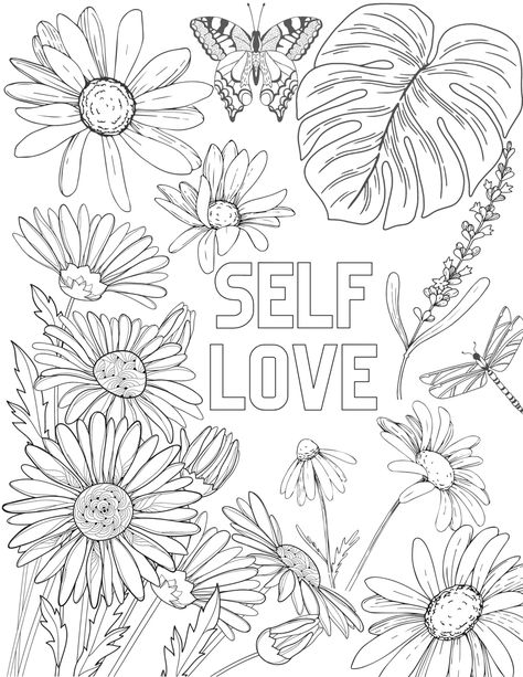 Coloring Pages Self Love, Self Love Coloring Pages, Recovery Coloring Pages, Botanical Coloring Pages, Page And Plant, Mindfulness Colouring, Sketches Doodles, Love Coloring Pages, Art Sketches Doodles