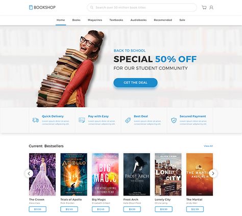 Bookshop - Online Book Store PSD Online Book Store, Online Web Design, Back To School Special, Ecommerce Website Template, Creative Books, Book Sites, Online Book, Webpage Design, Web Graphic Design