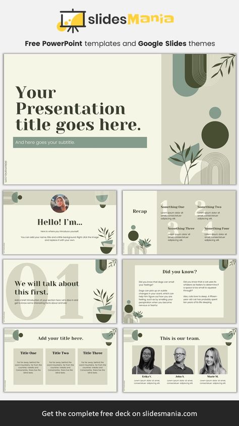 This free PowerPoint template and Google Slides theme features a boho and minimal style with geometric and organic shapes along with a few leaves. As usual, even though I chose sage green and beige, you can edit the theme and use your favorite color palette. You can use this template to talk about mental health or personal growth. Powerpoint Templates Nature, Green Slide Template Aesthetic, Google Slides Inspo Aesthetic, Google Slides Design Ideas, Google Slide Layout, Aesthetic Google Slides Ideas, Cute Google Slides Ideas, Google Slides Presentation Ideas, Slide Template Power Points