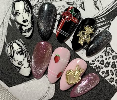 Black And White Anime Nails, One Piece Nails Design, Nana Anime Nails, Nana Nails Anime, Nana Nails Inspired, Nana Inspired Nails, Anime Nails Acrylic, Nail Art Gothic, Anime Nail Ideas