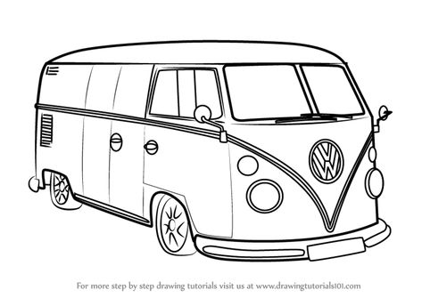 Learn How to Draw Volkswagen Van (Other) Step by Step : Drawing Tutorials Volkswagen Bus Art, Combi Hippie, Van Drawing, Bus Drawing, Van Volkswagen, Bus Art, Van Lines, Vw Art, Volkswagen Van