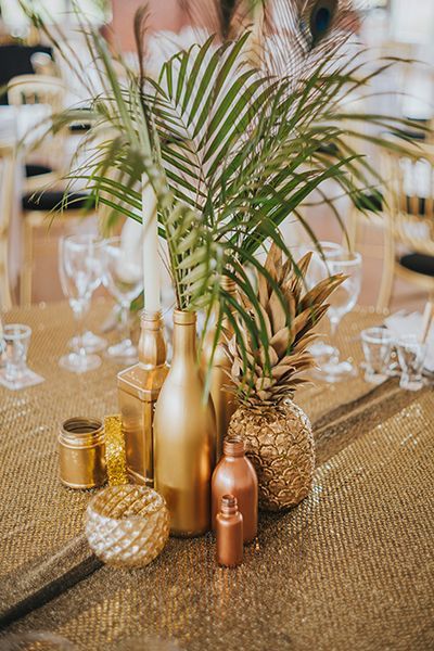 In a sea of gold and copper metallic — including one glamorous gilded pineapple — a tropical fauna emerges for one statement-making wedding centerpiece. Tropical Luxe, Havana Nights Party, Tropical Weddings, Pineapple Wedding, Metallic Wedding, Fiesta Tropical, Havana Nights, Party Inspo, Luxe Wedding