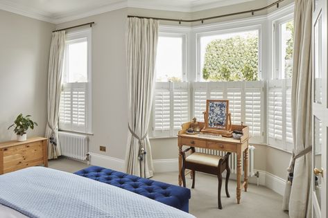 Cafe Style Shutters With Curtains, Curtains With Shutters Bedroom, Half Shutters Interior Window, Cafe Shutters With Curtains, Bay Window Ideas Curtains, Curtains With Shutters, Shutters Interior Window, Curtains And Shutters, Shutters With Curtains