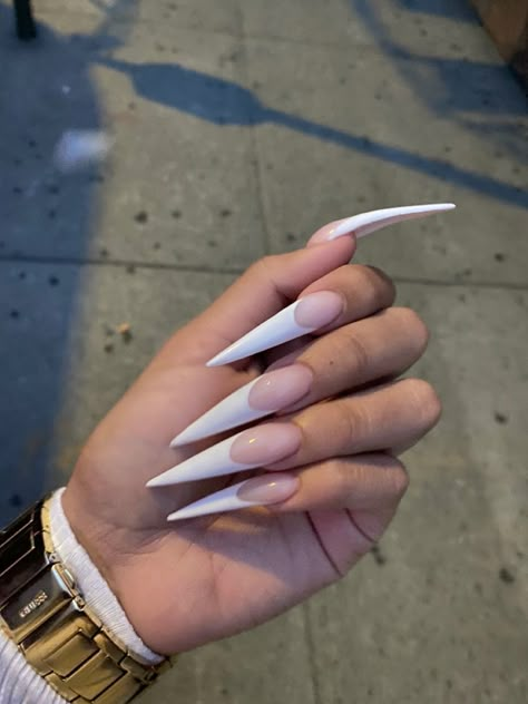 Long White Stiletto Nails, Long Stiletto Nails French Tip, White Stilleto Nails Designs, Long Nail Designs Stilettos, Pink And White Stiletto Nails, White Stiletto Nails Design, Long Stilleto Nails Design, Stiletto French Tips, Long Stiletto Nails Design