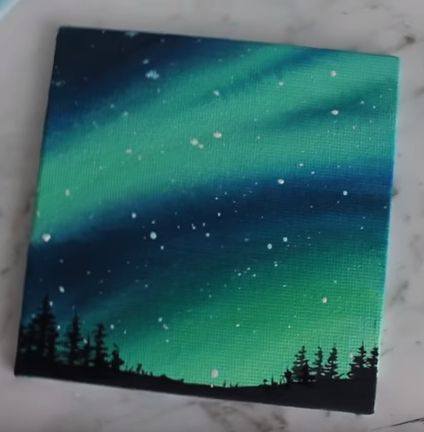 Northern Lights Mini Canvas, Mini Canvas Art Northern Lights, Aurora Sky Painting, Aurora Night Sky Painting, Night Sky Canvas Painting Easy, Easy Aurora Painting, Arora Lights Paintings, Aurora Canvas Painting, Aurora Borealis Painting Easy