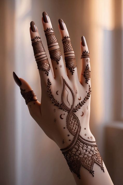 Henna Designs Fingers Only, Royal Henna Designs, Simple Back Henna Designs, Star Mehndi Designs, Mehndi Designs Only Fingers, Moon Design Mehendi, Elegant Henna Designs Simple, Simple Pakistani Mehndi Designs, Arabic Mehndi Designs Modern