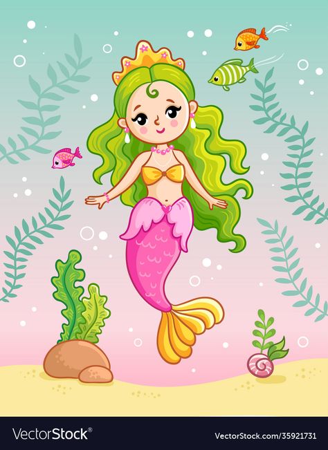 Mermaid Cute Drawing, Mermaid Cartoon Drawing, Mermaid Drawing For Kids, Cute Mermaid Drawing, Cute Mermaid Art, Mermaids Drawing, Cute Vector Illustration, Fish Cute, Mermaid Drawing