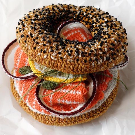 Crocheted Bagels and Lox Plus All the Fixings Caper Berries, Bagel Bar, Jewish Deli, Food Artwork, Crochet Food, Felt Food, Fruit Tart, Whole Grain Bread, Fake Food