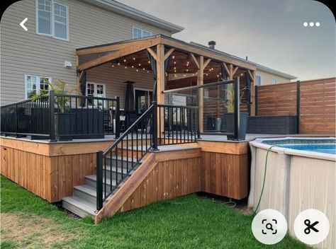 Above Ground Pool Deck Ideas Attached To House Multi Level, Back Deck With Pool, Deck Ideas With Pool, Deck Off Kitchen, Decks Around Pools, Backyard Deck Ideas, Creative Backyard, Pool Deck Plans, Outdoor Pool Area