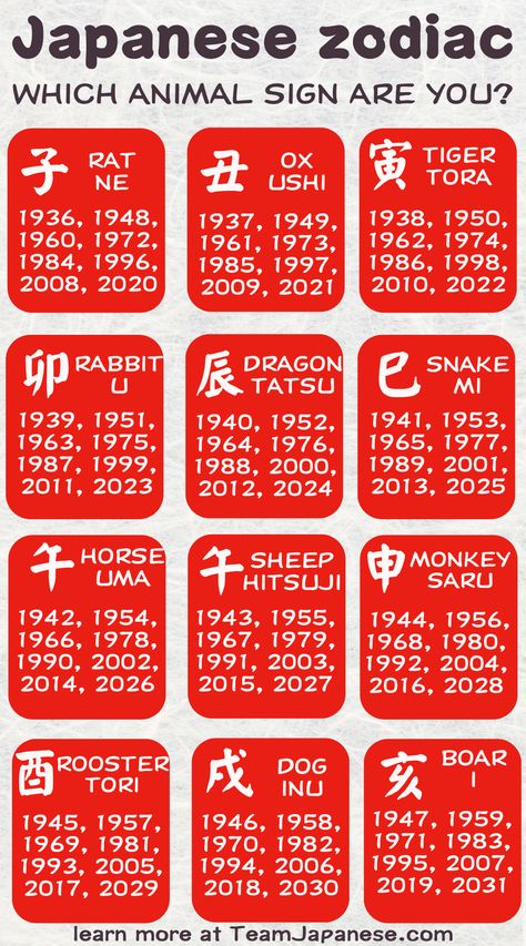 There are 12 Japanese zodiac animals, and depending on which year you were born, you may have certain characteristics! Which Japanese zodiac sign are you? Check this chart to find your birth year and click through to the post to learn more about Japanese astrology zodiac signs. Japanese Zodiac Signs, Japanese Astrology, August Zodiac Sign, Japanese Zodiac, Japan Facts, Zodiac Signs Animals, Japanese Vocabulary, Zodiac Animals, Month Signs