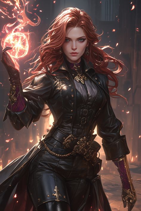 Red Haired Sorceress, Human Sorcerer Female Dnd, Redhead Sorceress, Elf Sorcerer Female Dnd, Trickster Character Design, Female Sorcerer Dnd, Vampire Dnd Character, Dnd Sorcerer Art, Female Sorcerer