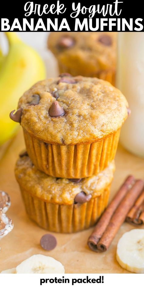 Greek Yogurt Banana Muffins (Soft & Fluffy)- Kathryn's Kitchen Banana Energy Muffins, Muffin Recipe With Yogurt, Banana Chocolate Chip Muffins With Greek Yogurt, Banana Bread Yogurt Recipe, Greek Yogurt Banana Bread Healthy, Muffins Made With Yogurt, High Protein Banana Bread Greek Yogurt, Greek Yogurt Protein Muffins, Greek Yogurt Baked Goods