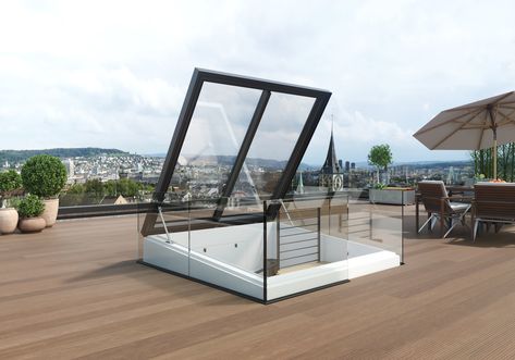 Image 1 of 6 from gallery of Flat Roof Access Hatch Comfort Square | LAMILUX. Roof Hatch Ideas, Roof Access Hatch, Flat Roof Skylights, Roof Hatch, Roof Edge, Public Architecture, Roof Construction, Roof Window, Glass And Aluminium