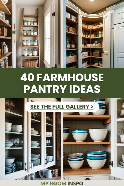 Explore 40 stunning farmhouse pantry ideas that combine beauty and organization. This pin features four images showcasing unique pantry designs, including rustic shelves and attractive storage solutions. Farmhouse Pantries Walk In, Modern Farmhouse Walk In Pantry, English Cottage Pantry, Rustic Pantry Shelving Ideas, Country Pantry Farmhouse Style, Walkin Pantry Layout, Built In Pantry Ideas, Farmhouse Pantry Shelving Ideas, Rustic Pantry Ideas