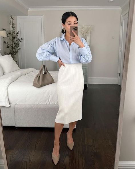 15 Best Business Casual Outfits - The Wandering Girl White Skirt Outfit Formal, White Skirt Work Outfit, Asian Office Fashion, Midi White Skirt Outfit, Office Attire Plus Size, Work Outfits Women Plus Size, Skirt Outfits Office, Plus Size Office Attire, White Pencil Skirt Outfit