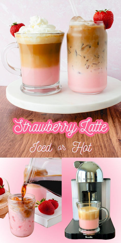 Indulge in the perfect balance of sweetness and caffeine with this delicious strawberry latte recipe. This pink velvet macchiato coffee is perfect for a cozy morning at home or a mid-day pick-me-up. Enjoy a hot strawberry latte or an iced strawberry latte at home today! Cafe Drink Menu Ideas, Strawberry Coffee Recipes, Chocolate Covered Strawberry Latte, Coffee And Food Pairing, Maple Coffee Recipes, Coffe Ideas Drinks At Home, Iced Latte Flavor Ideas, Coffee Shop Coffee Recipes, Strawberry Iced Latte