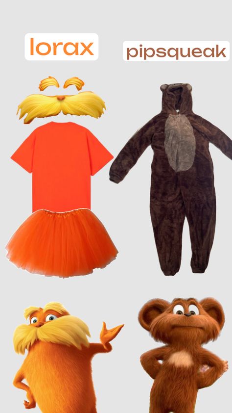 lorax + pipsqueak #outfitinspo #lorax #halloweeninspo Lorax Costume, Fun Halloween Outfits, Halloween Costum, Cute Group Halloween Costumes, Matching Halloween Costumes, Classy Halloween Costumes, Girl Halloween Costume, Bff Halloween Costumes, Book Day Costumes