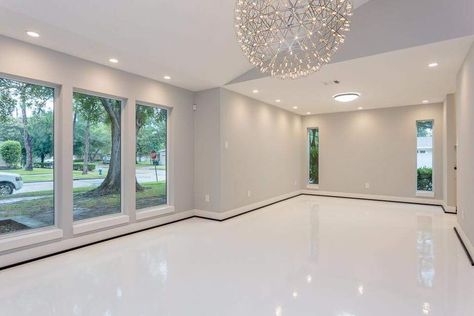 Apoxy House Floor White, White Epoxy Floor Basement, Epoxy Home Floors, White Epoxy Floors In Home, Epoxy Floor White, Epoxy Basement Floor Ideas, White Flooring Ideas, White Epoxy Floor, Epoxy Floors In Home