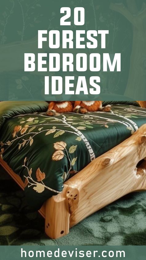 Breathe in the fresh air!  Transform your bedroom into a calming forest retreat with these 20 design ideas. From nature-inspired accents to enchanting murals, find your perfect escape. Pacific Northwest Bedroom Ideas, Dark Enchanted Forest Bedroom, Wildlife Bedroom Ideas, Enchanted Forest Room Ideas, Forest Theme Bedroom Nature, Forest Decor Bedroom, Diy Forest Decor, Forest Aesthetic Bedroom, Wildlife Bedroom