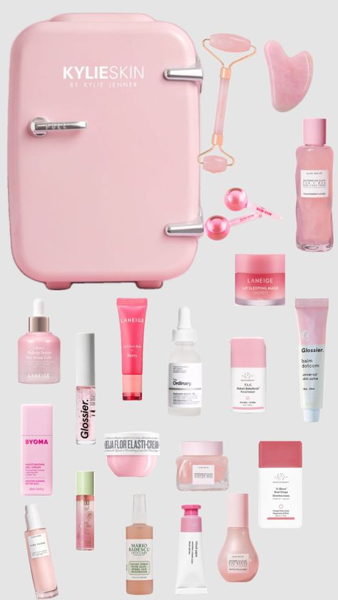 Pink skin care fridge Pink Skin Care, Pink Selfcare, Skin Care Fridge, Flawless Skin Routine, Pink Fridge, Girly Christmas Gifts, Beauty Aesthetic, Pink Skin, Cute Birthday Gift