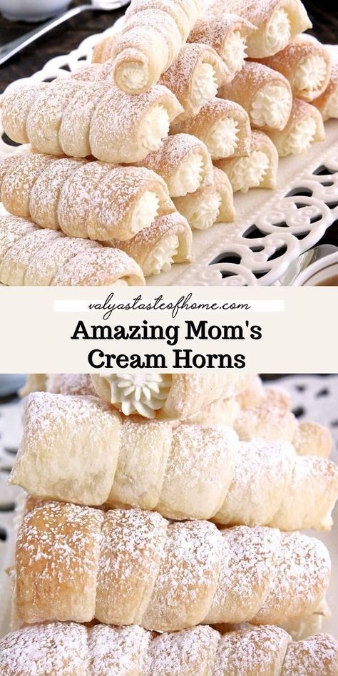 Mini Cream Horns, Desserts With Bavarian Cream, Homemade Cream Horns Recipe, Cream Horns Recipe, Cream Puffs Recipe Easy, Making Cream, Puff Pastry Recipes Dessert, Cream Horn, Pastries Recipes Dessert