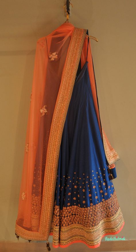 Royal blue and orange lehengacholi by Madsam Tinzin Lehenga Royal Blue, Lehenga Hanging, Lehenga Royal, Navy Blue Lehenga, Ethnic Dresses, Blue Lehenga, Desi Clothes, Long Frocks, Indian Couture