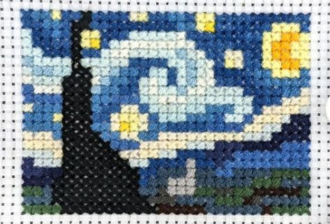 Cross Stitch Ghibli Pattern, Van Gogh Crochet Pattern, Van Gogh Pixel Art, Kawaii Pixel Art Grid, Starry Night Pixel Art, Crochet Van Gogh, Pixel Grid Pattern, Starry Night Crochet, Star Crochet Bag