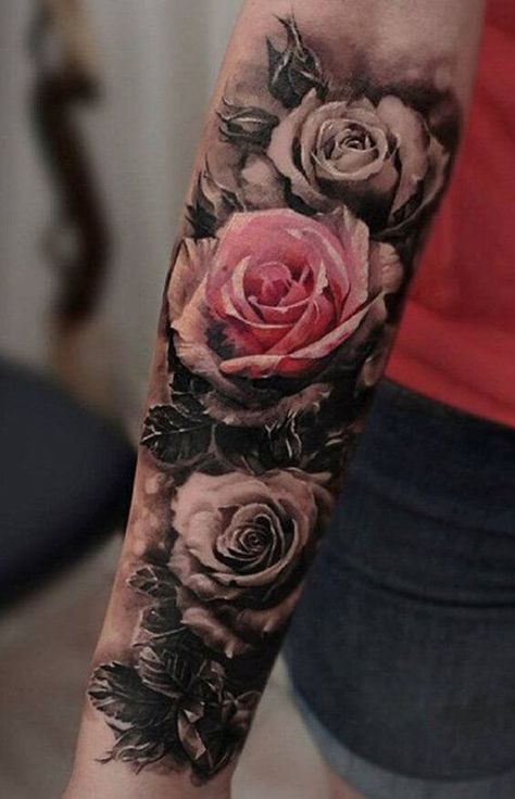 Roses are remarkable in that they are capable of conveying different tones of messages. In this tattoo design, the roses serve to elucidate the meek, yet awe-inspiring love of the wearer. The architecture includes three roses, one of which is colored. This symbolizes the special ‘breath of life’ the wearer has that sets her apart from the rest of the world. Tato Mandala, Rose Tattoo Sleeve, Rose Tattoos For Women, Cat Tattoos, Geniale Tattoos, Tattoos Skull, Tiny Tattoo, Tattoo Women, Full Sleeve Tattoos